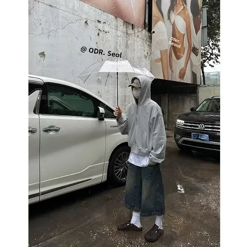 Aiertu  -  American Retro Blue Trousers Fashionable Street Straight Wide Leg Shorts Harajuku Hip Hop Loose Casual Shorts Men Clothing Aiertu