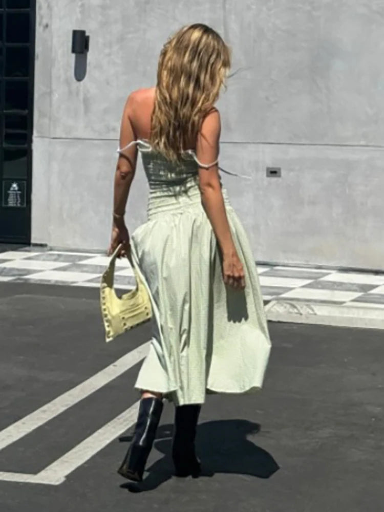 Aiertu  -  Sexy Square Collar Ruched Women Maxi Dress Green Spaghetti Strap High Waist Dress Female Summer Slim Elegant Streetwear Aiertu