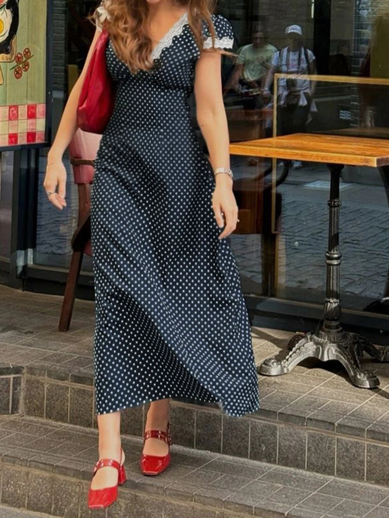 Aiertu  Fashion Dot Print Lace Trim V-Neck Women Elegant Dresses Summer Causal Design Trendy Frocks Aiertu