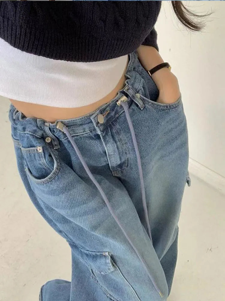 Aiertu  -  Y2K Jeans Women Casual Loose Drawstring High Waist Denim Pant Female Big Pockets Chic Fashion Streetwears Lady Trouser Leg Pants Aiertu