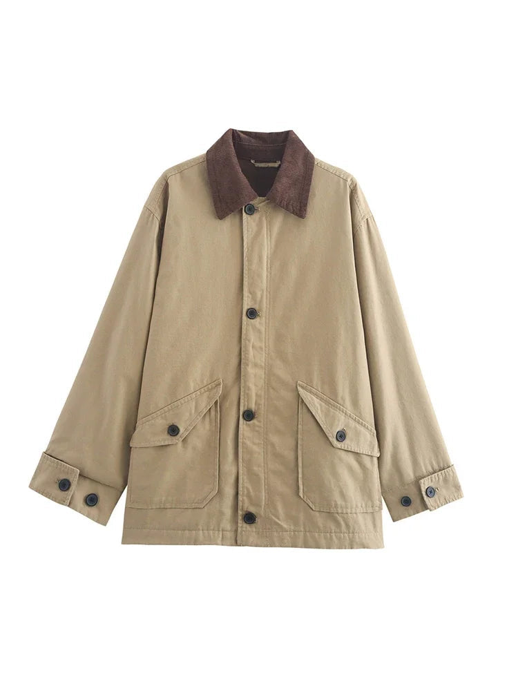 Aiertu  -  New Loose Short Windbreaker Comfortable Canvas Jecket Coat Women Autumn Winter Female Fasion Lapel Pockets High Street Outerwear Aiertu