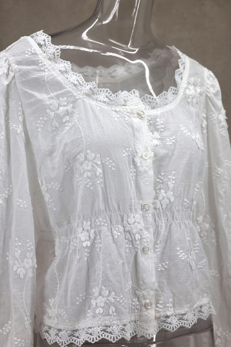 Aiertu  -  Sexy Daily Solid Color Embroidered Buttons See-Through U Neck Blouses Aiertu