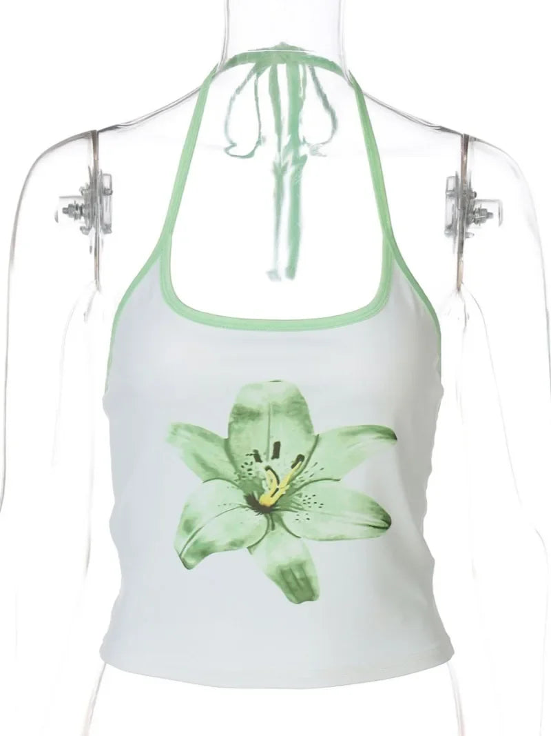 Aiertu  -  Woman Clothes Halter Off Shoulder Camisoles Y2K Girls Clothes Green White Patchwork Floral Print Corset Lace-up Skinny Crop Tops Aiertu