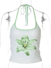 Aiertu  -  Woman Clothes Halter Off Shoulder Camisoles Y2K Girls Clothes Green White Patchwork Floral Print Corset Lace-up Skinny Crop Tops Aiertu