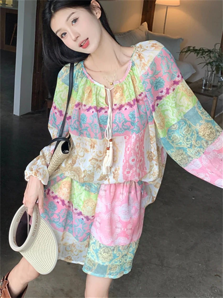Aiertu  -  Sunscreen Printed Vintage Women Sets New Blouses India Folk Gentle Summer Full Sleeve Stylish Chic Casual Suit Shorts Aiertu