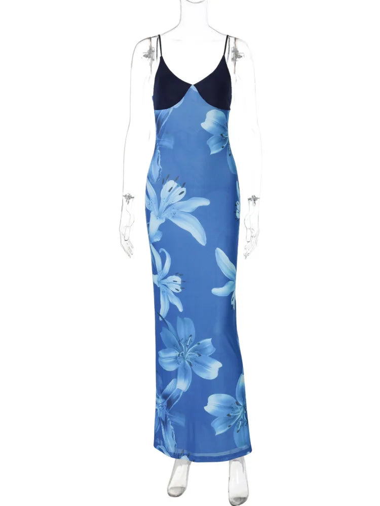 Aiertu  -  Print Sexy Spaghetti Strap Maxi Dress For Women V-neck Mesh Fashion Print Slim Fit Sleeveless Backless Holiday Dress Aiertu