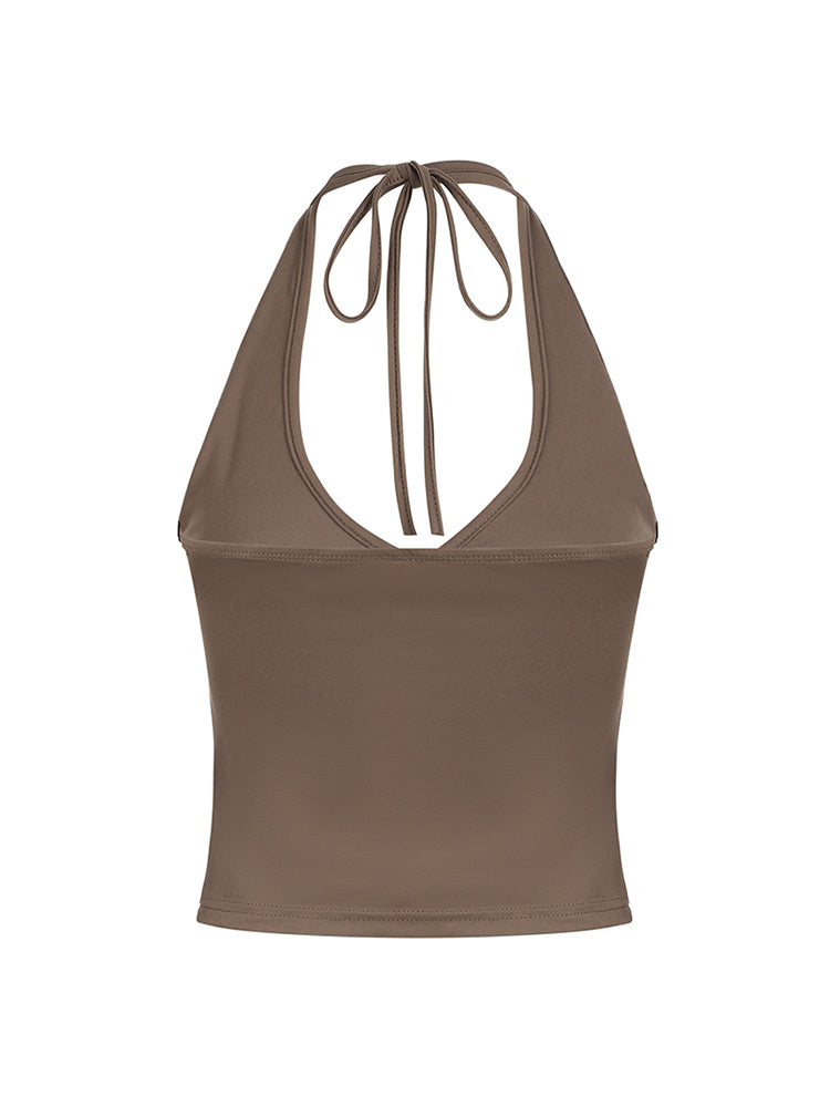 Aiertu - summer inspo Cross Tie Halter V Neck Crop Top Women Solid Basic Casual Slim Backless Sexy Tank Vest Aiertu