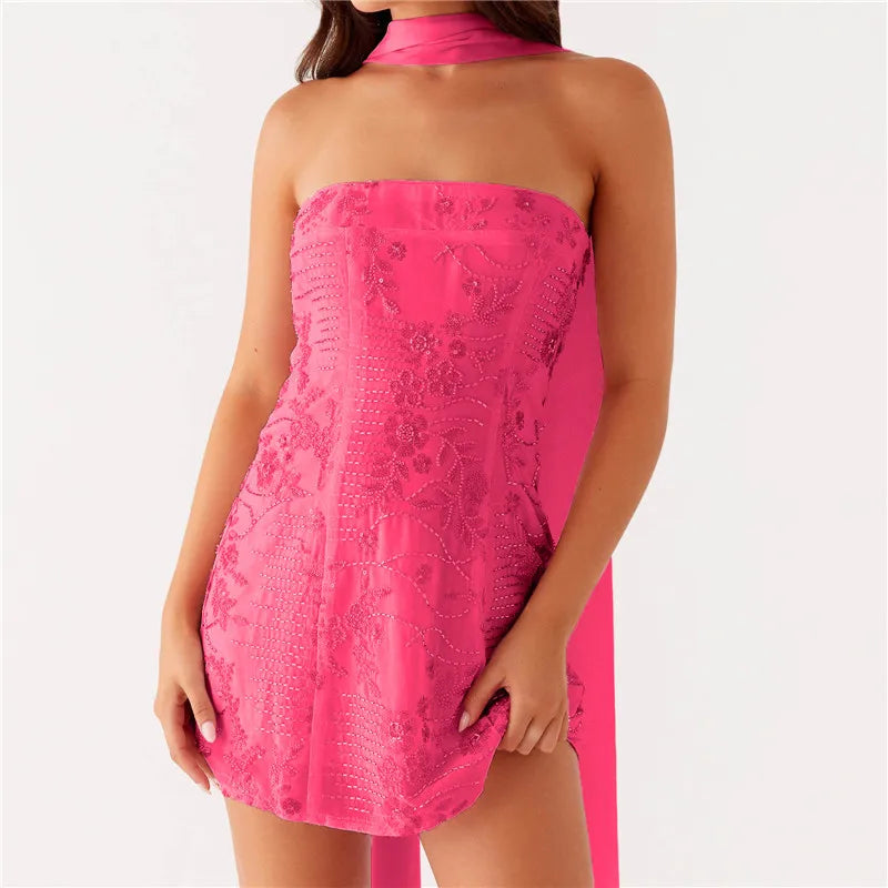 Aiertu  -  Women Sequin Strapless Mini Dress with Scarf Y2K Rhinestone Sleeveless Off Shoulder Dress Sexy Backless Club Party Dress Aiertu