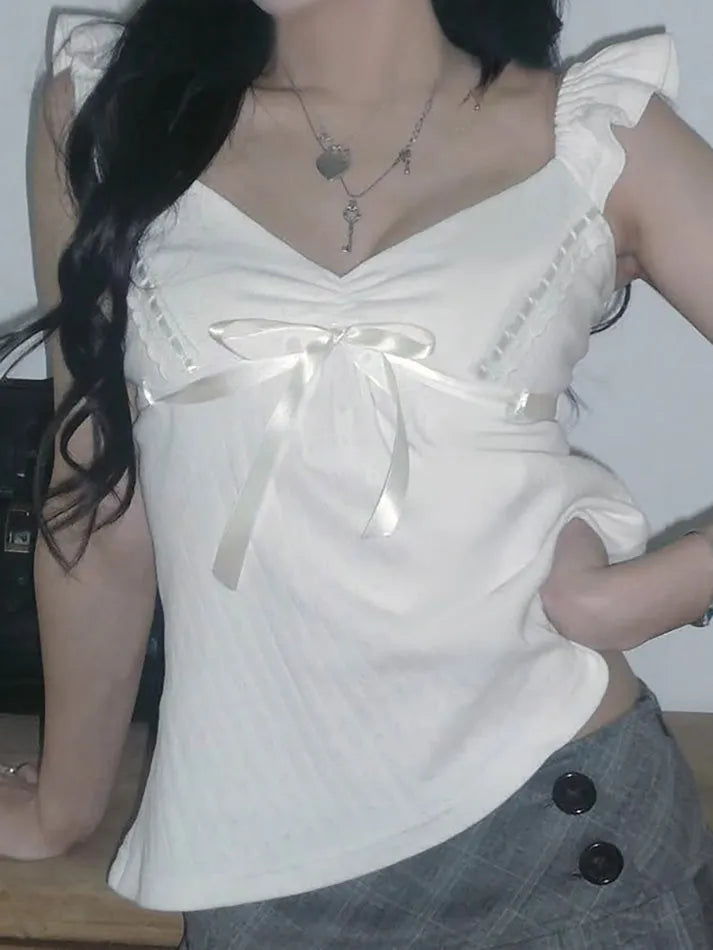 Aiertu  -Lace Bow Cap Sleeve Tank Top aiertu