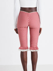 Aiertu  -  Women s Plaid Capri Pants with Lace Ruffles and Stretchy Cropped Leggings for Summer Casual Wear Aiertu