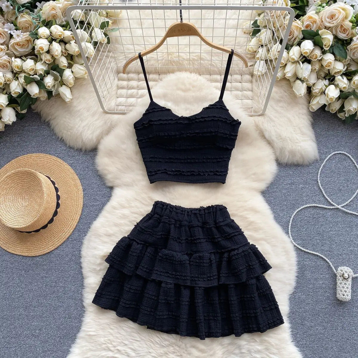 Aiertu  -  Suit V Neck Strap Crop Tops+Short Pleated Skirt Sweet Ruched Women Korean Style Chic Summer Beachwear Two Pieces Sets Suits Aiertu