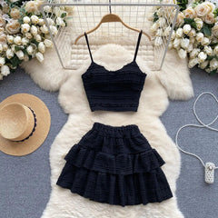 Aiertu  -  Suit V Neck Strap Crop Tops+Short Pleated Skirt Sweet Ruched Women Korean Style Chic Summer Beachwear Two Pieces Sets Suits Aiertu