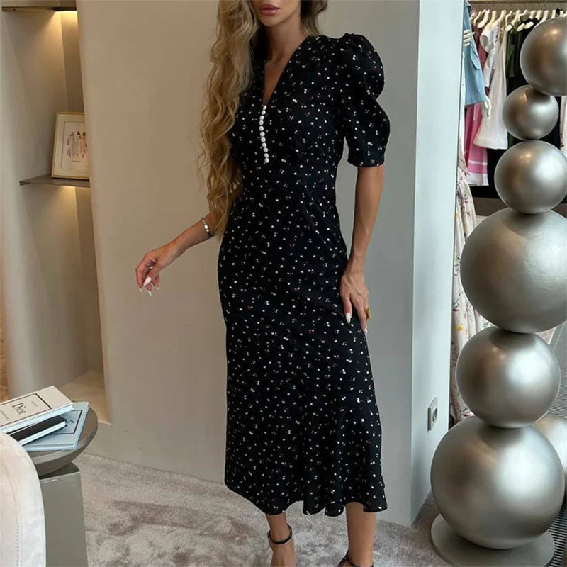 Aiertu  -  Print Short Sleeve Dress V Neck Maxi Dress For Women Elegant High Waist Button Print Sexy Slim Fashion Holiday Dress Aiertu