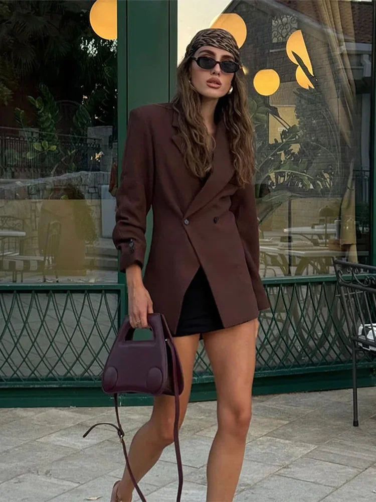 Aiertu  -  Casual Brown Lapel With Pocket Jacket Woman Fashion Cuff Buttons Long Sleeve Blazer Coat 2026 Lady Autumn High Street Outwear Aiertu