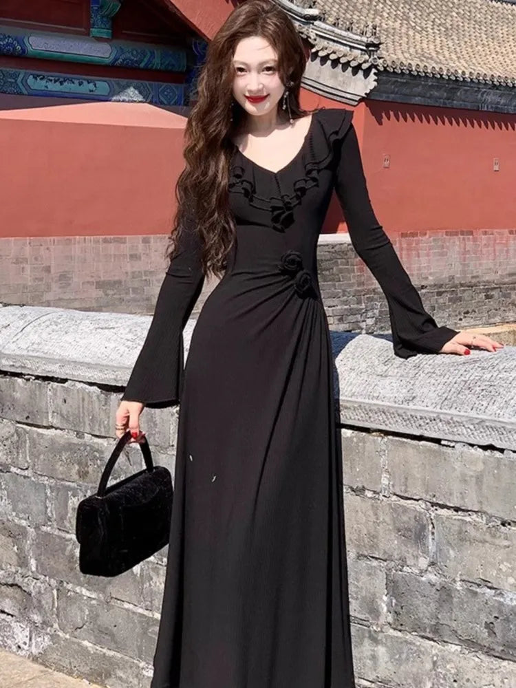 Aiertu  -  Black Retro Ruffle Knitted Dress Women Autumn Flower V-neck Slim Sexy Knitting Dresses Flared Sleeve Chic Elegant Vestidos Mujer Aiertu