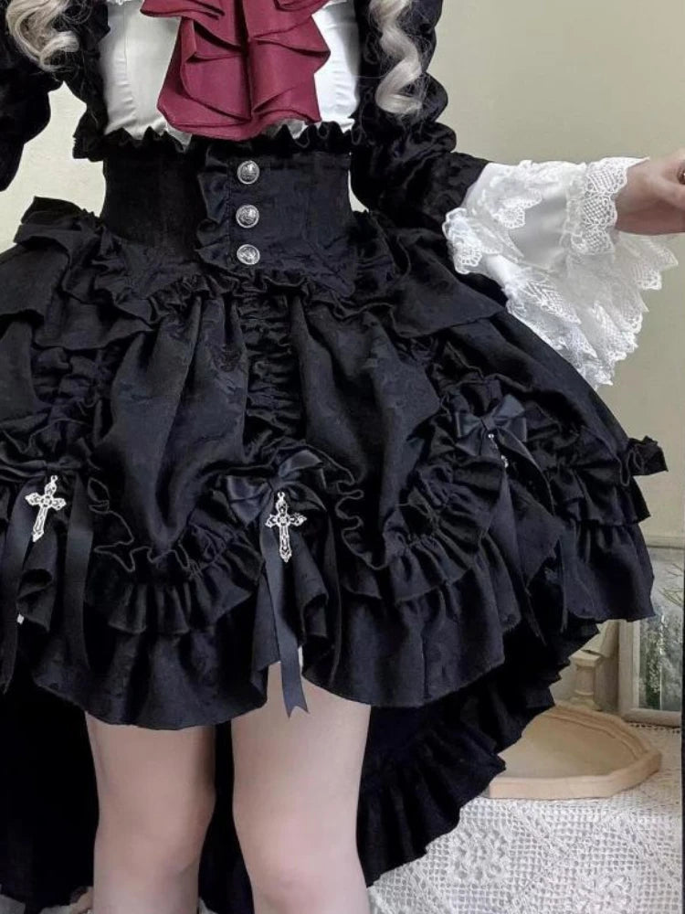 Aiertu  -  Sweet 3 Piece Sets Women Ruffled Collar Lolita Shirt + Print Crop Coat + Irregular Cake Bow Skirts Streetwear Y2k Outfits Suit Aiertu