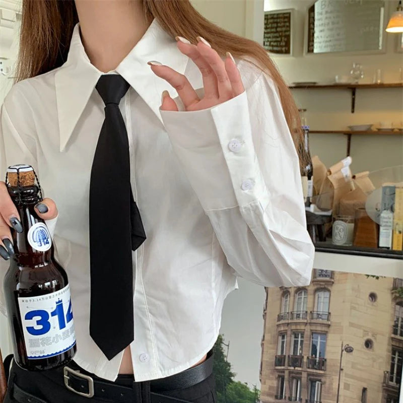 Aiertu Preppy White Crop Shirts Women Korean Fashion Jk Tie Long Sleeve Blouse Student College Retro Solid Slim All Match Tops Aiertu