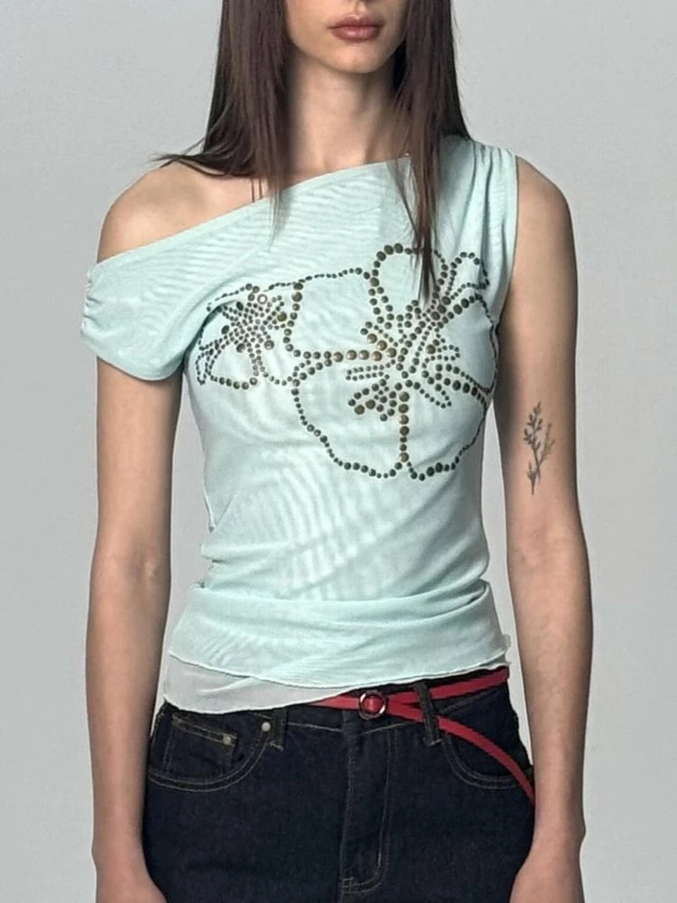 Aiertu  -  Summer Sexy Slash Neck Pleated Gauze Tshirts Women Y2k Aesthetic Rivet Flower Grunge Tops Harajuku Vintage Fairy Bodycon Tees Aiertu