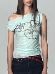 Aiertu  -  Summer Sexy Slash Neck Pleated Gauze Tshirts Women Y2k Aesthetic Rivet Flower Grunge Tops Harajuku Vintage Fairy Bodycon Tees Aiertu