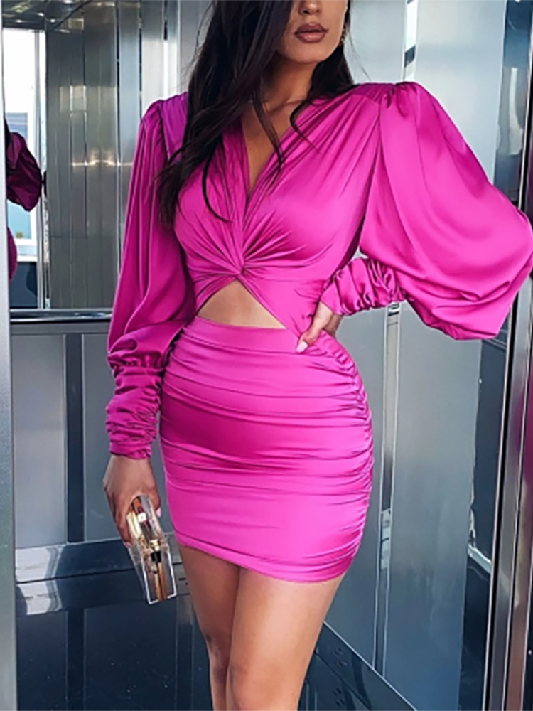 Aiertu  Sexy deep v neck bodycon dress Party club hollow out mini dress Elegant winter autumn chic lantern sleeve satin dress Aiertu