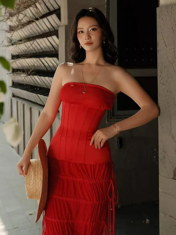 Aiertu  -  Puss Draping 2-Piece Set Women Elegant Wrap Sleeveless Backless Tops+Bandage Folds Skirts Summer Vacation Matching Suits Aiertu