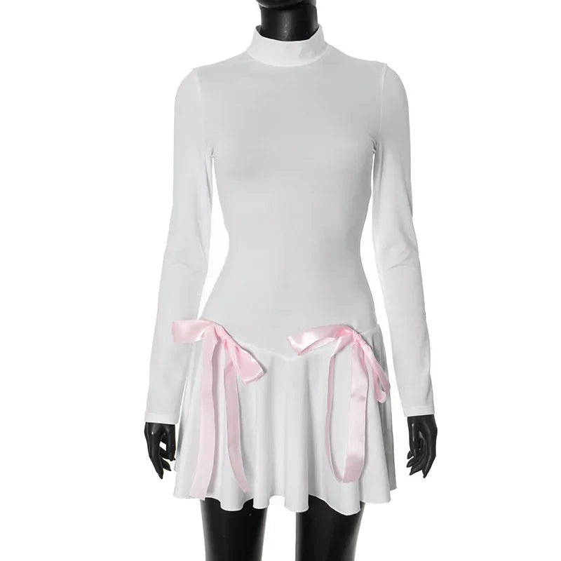 Aiertu  -  Turtleneck Slim Bows Mini Dress For Women Fashion PAtchwork Long Sleeve Sexy Outfits Folds Hem Hot Girl Club Party Dress Aiertu
