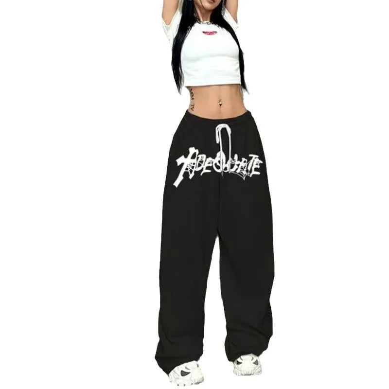 Aiertu  -  new American white hip hop hiphop jazz dance high waist loose straight wide leg drawstring sports pants Aiertu