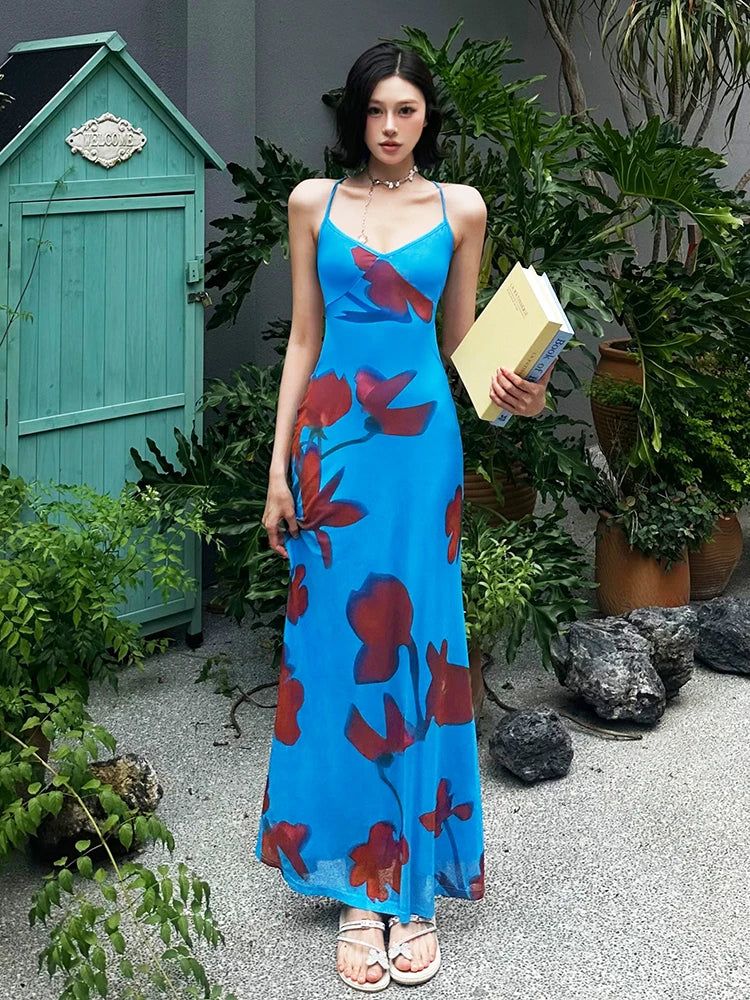 Aiertu  -  Print Maxi Dress Women Lace-Up Cross Backles Double Deck Skinny Tight Stretch Beach Vacation Summer Trend Vestidos Aiertu
