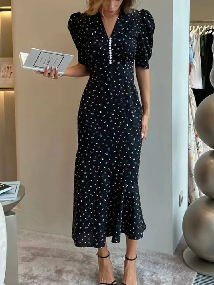 Aiertu  -  Print Short Sleeve Dress V Neck Maxi Dress For Women Elegant High Waist Button Print Sexy Slim Fashion Holiday Dress Aiertu