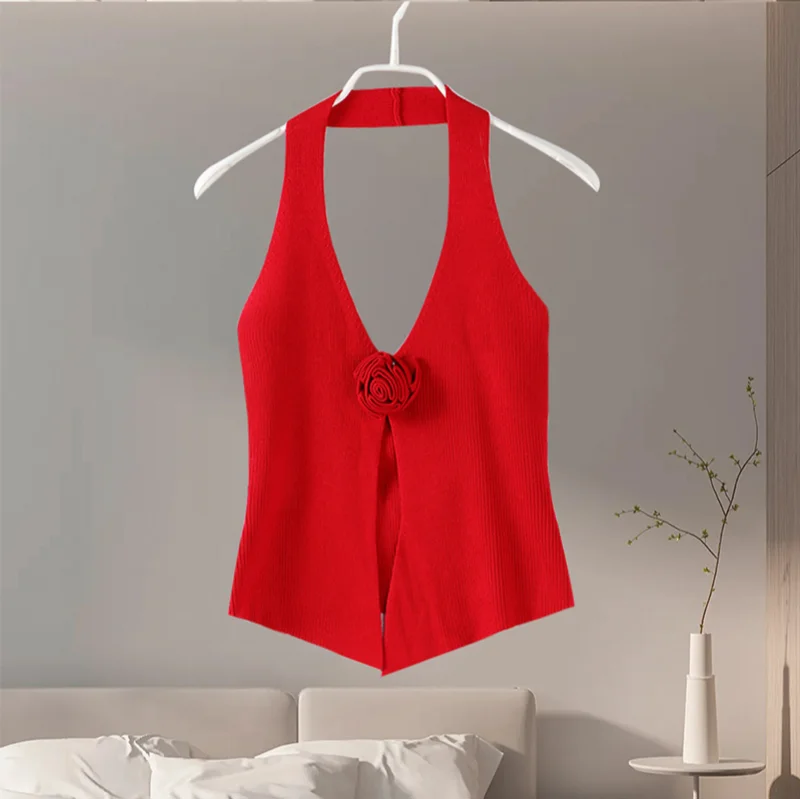 Aiertu  -  Sexy Knitted 3D Flower Halter Vest Women Solid Hallow Out V-neck Sleeveless Female Tank 2026 Summer Slim Fashion Lady Tops Aiertu