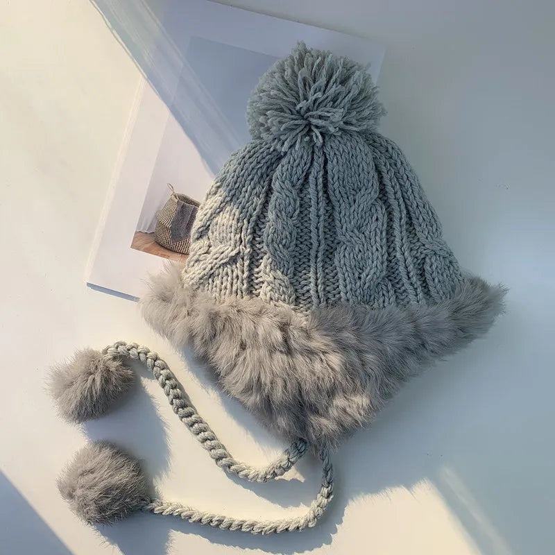 Aiertu  -  Winter Furry Knitted Hat for Women Girls Rabbit Fur Pompom Woolen Beanies Plush Thick Ear Protection Cap Windproof Skiing Bonnet Aiertu