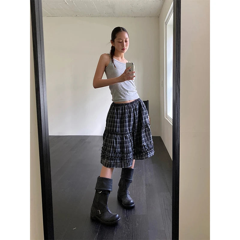 Aiertu  -  Vintage Plaid Mini Skirt Women Japanese Harajuku Ruffles Patchwork Black Skirts Summer High Waist Casual A Line Faldas New Aiertu