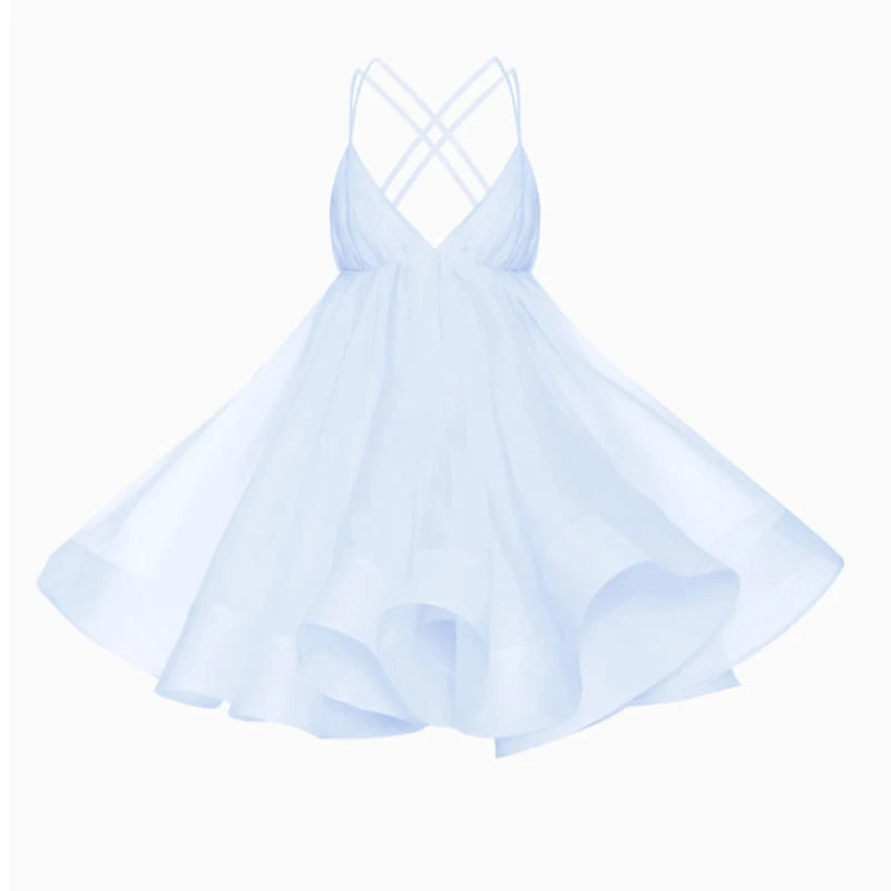 Aiertu  -  Halter Fuffy Short Pleated Dress Large Backless Cross Strap Beach A-Line Dresses V-Neck Waist Cinched Suspender Slimming Gown Aiertu