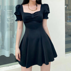 Aiertu - Retro Square Neck Black Bow Puff Sleeve Dress Aiertu