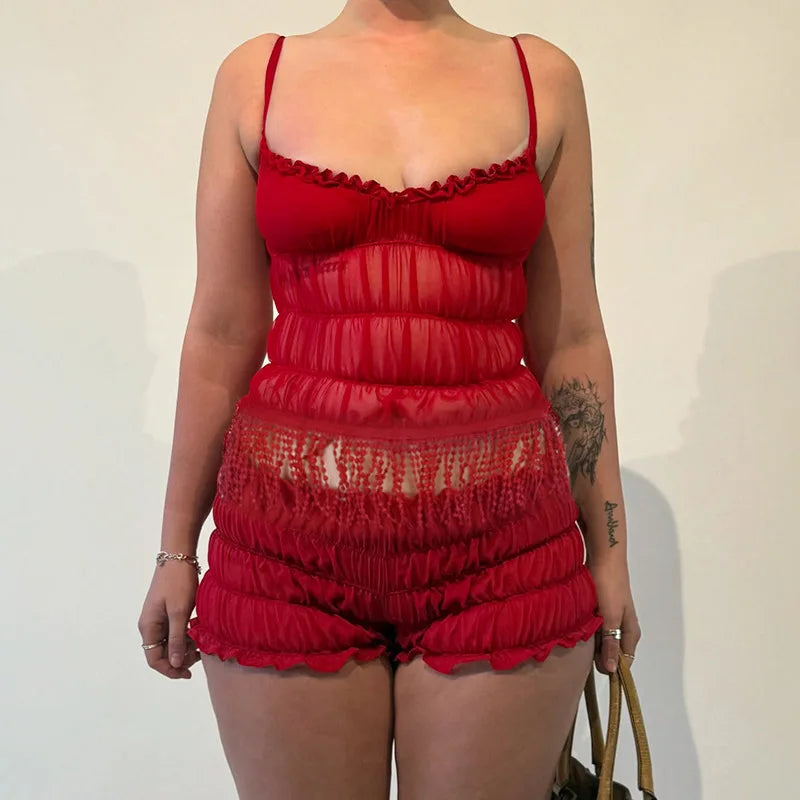 Aiertu  -  2 Piece Sets Woman Outfit Sexy Fringed Ruched Mesh Top and Shorts Solid Matching Sets Summer Wear 2025 P66-FZ18 Aiertu