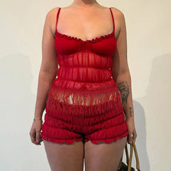 Aiertu  -  2 Piece Sets Woman Outfit Sexy Fringed Ruched Mesh Top and Shorts Solid Matching Sets Summer Wear 2025 P66-FZ18 Aiertu