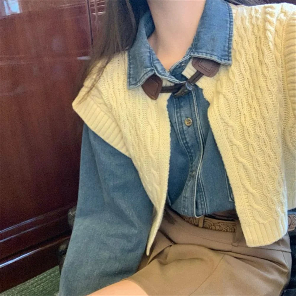Aiertu  -  High Street Vintage Denim Shirts With Knitted Cardigans Vest Spring 2026 Loose Chic New Slim Casual Daily Office Lady Aiertu