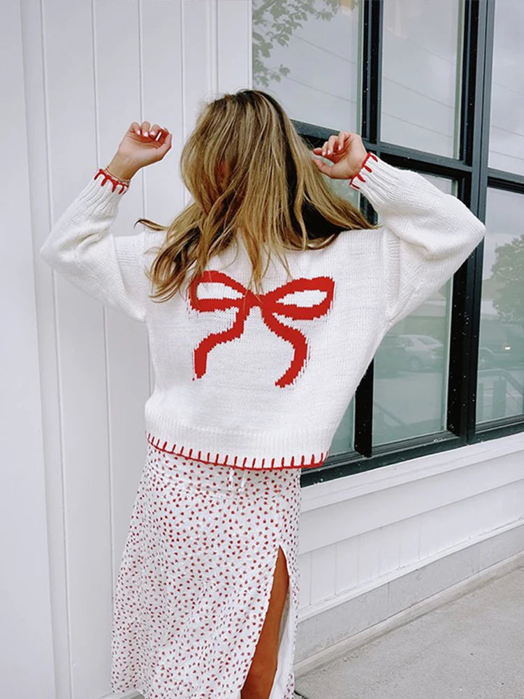 Aiertu  -  Bowknot Embroidery Long Sleeve Sweater Women Crew Neck Fashion Loose Color Blocking Knit Pullover 2026 New Autumn Lady Knitwear Aiertu
