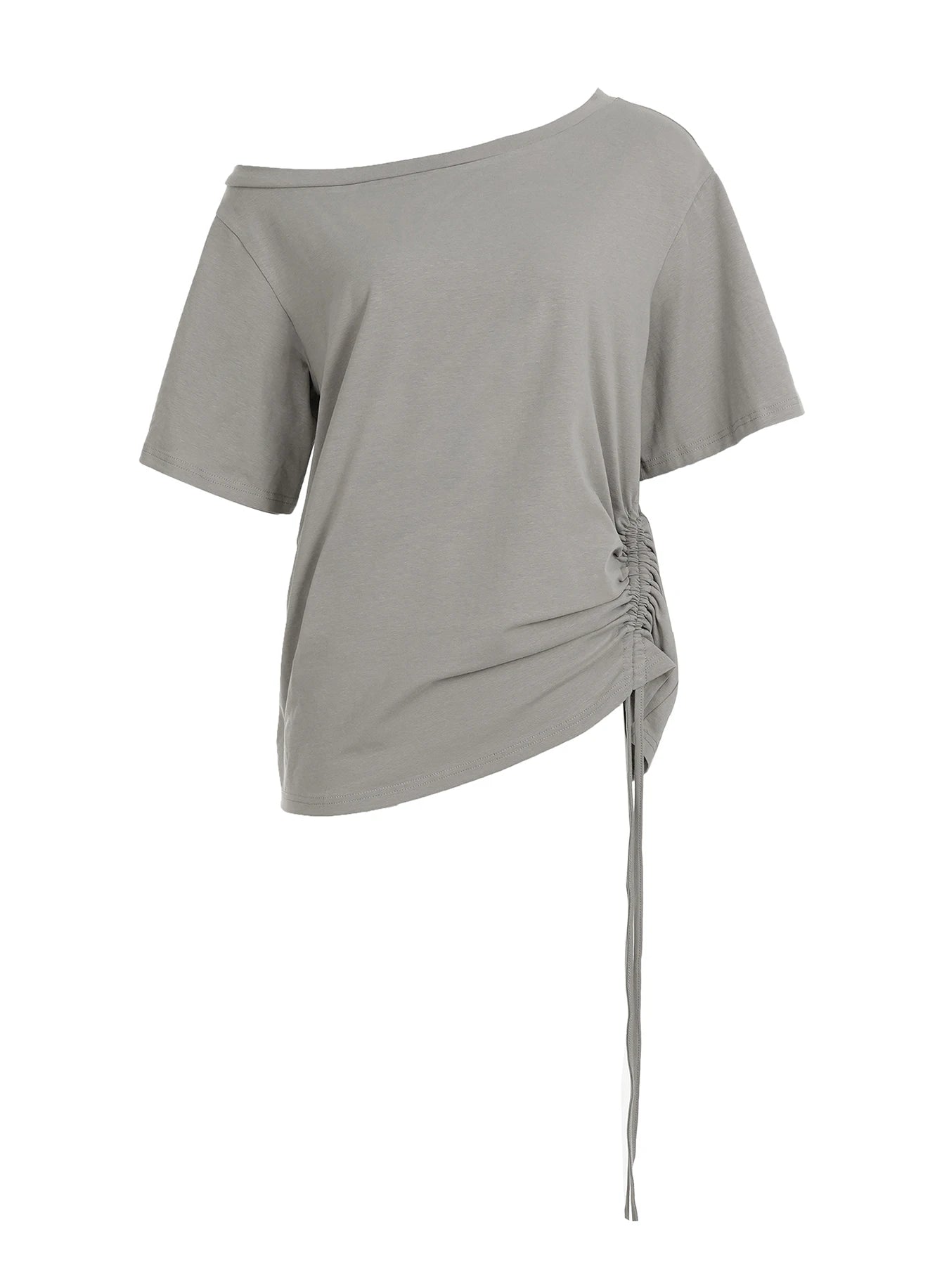 Aiertu  -  Solid Grey Loose Drawstring T-shirt Asymmetrical Off-shoulder Short Sleeve T Shirts Women Casual Summer Tees y2k Vintage Aiertu