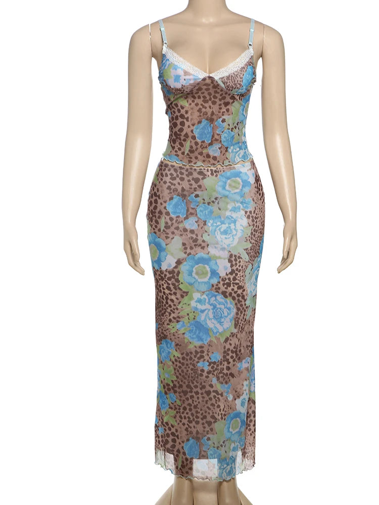 Aiertu  -  Lace Leopard Splice Women 2 Piece Set Hipster Print Summer Vacation Matching Outfits New Low Neck Camisoles+Maxi Skirts Aiertu