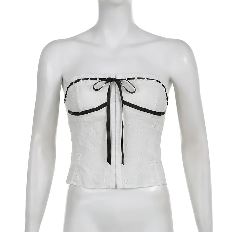 Aiertu  Sweet Bow Cropped Tube Tops Slim Lace Trim Slash Neck Sleeveless Tank Tops Women 2025 Summer Fashion Streetwear Ladies Aiertu