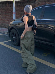 Aiertu  -  Green Women Cargo Pants Parachute Oversize Straight Leg Trousers Low Waist Sweatpants Casual Drawstring Side Pocket Alt Aiertu