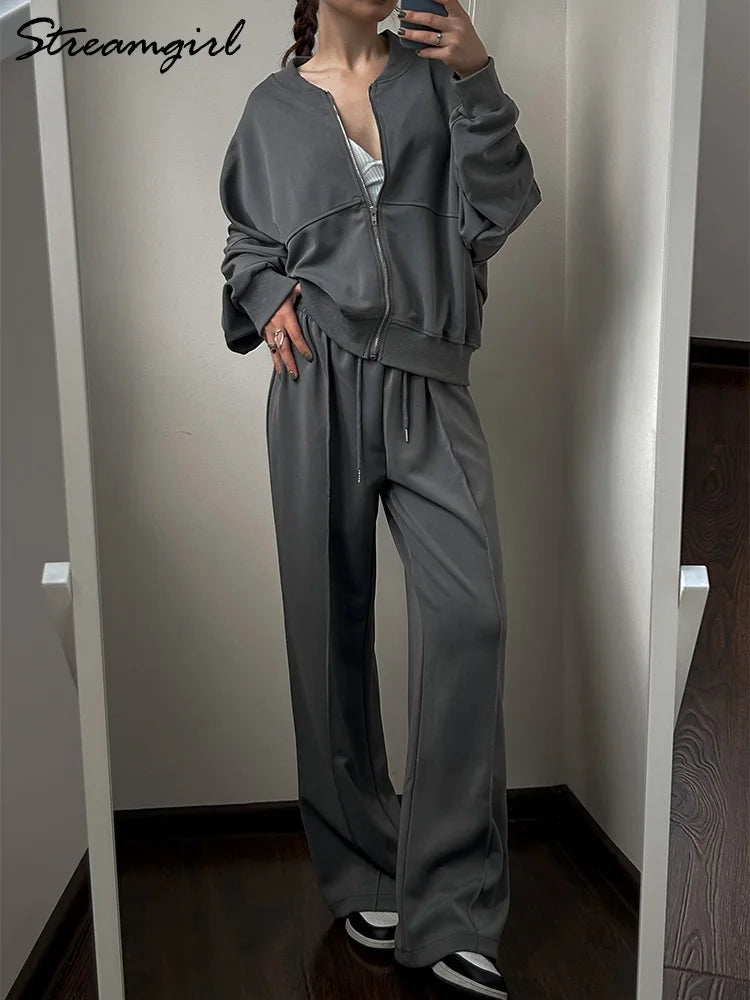 Aiertu  -  Sweatsuits Pant Sets For Women 2 Pieces Outfit Oversize Zipper Sweatshirts Set Women Jogger Straight Sweatpants Red Tracksuit Aiertu