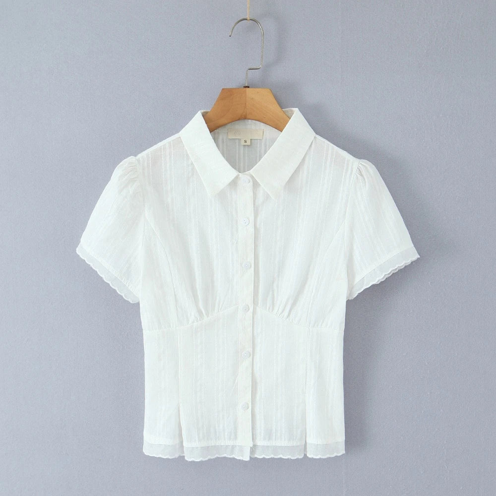 Aiertu    -  Solid Two Peice Set for Women Lapel Short Sleeve Shirt Low Waist Spliced Fungus Edge Mini Skirt Sweet Suit Female Aiertu