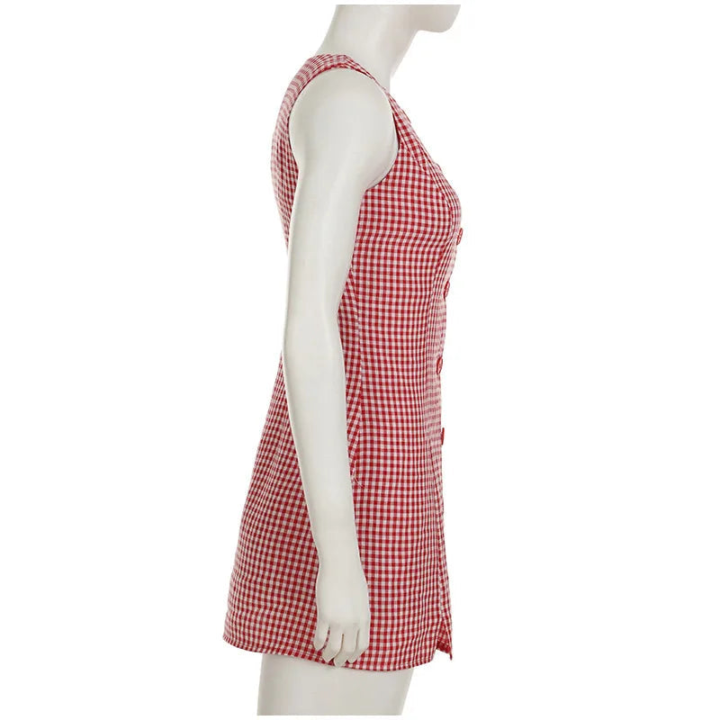 Aiertu  -  Round Neck Sleeveless Plaid Dress Woman Single Breasted Patchwork A-Line Short Dresses Casual Slim Women's Versatile Mini Dress Aiertu