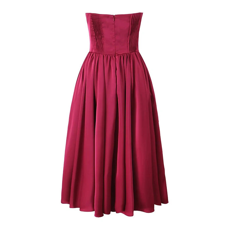 Aiertu  -  Sexy Elegant Women Wine Red Strapless Dress Fit And Flare Evening Party Dresses Christmas  Robe Aiertu