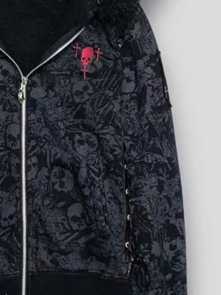 Aiertu  -  Goth Skull Print Y2k Hoodies Jackets Women Vintage Harajuku Coat Aesthetic Grunge Fur Patchwork Hooded Jacket Fairy Zipper Coat Aiertu