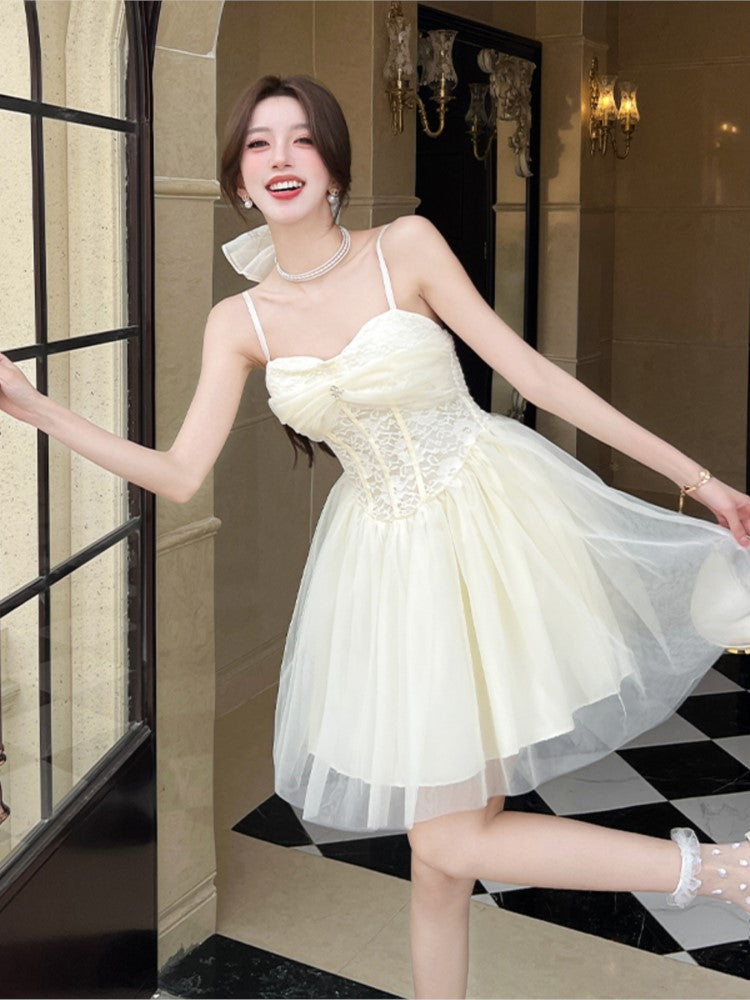 Aiertu  Women Summer Elegant Lace Mesh Strap Princess Dress Korean High Waist A-Line Mini Dresses Birthday Evening Party Chic Ball Gown Aiertu