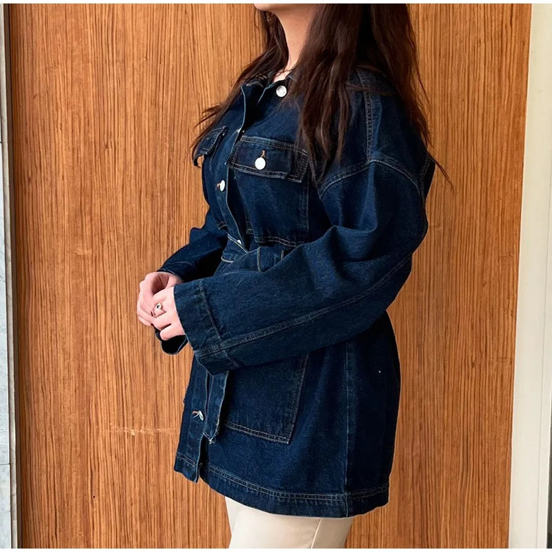 Aiertu  -  Fashion Women's Denim Jackets With Belt Casual Lapel Single-breasted Pockets Washed Jacket 2025 Spring Lady Y2k Street Outwear Aiertu