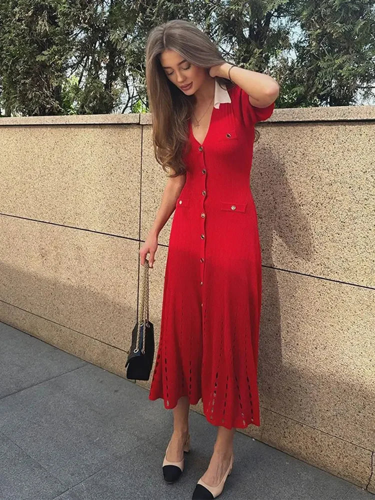 Aiertu  -  Fashion Women Contrasting Lapel Single Breasted Knitted Midi Dress Elegant V Neck Puff Short Sleeve Slim Dresses Chic Lady Robes Aiertu